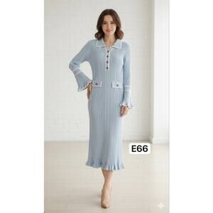 Women's Long Sleeve Contrast Trim Ruffled Ribbed Knit Bodycon Sweater Dress L